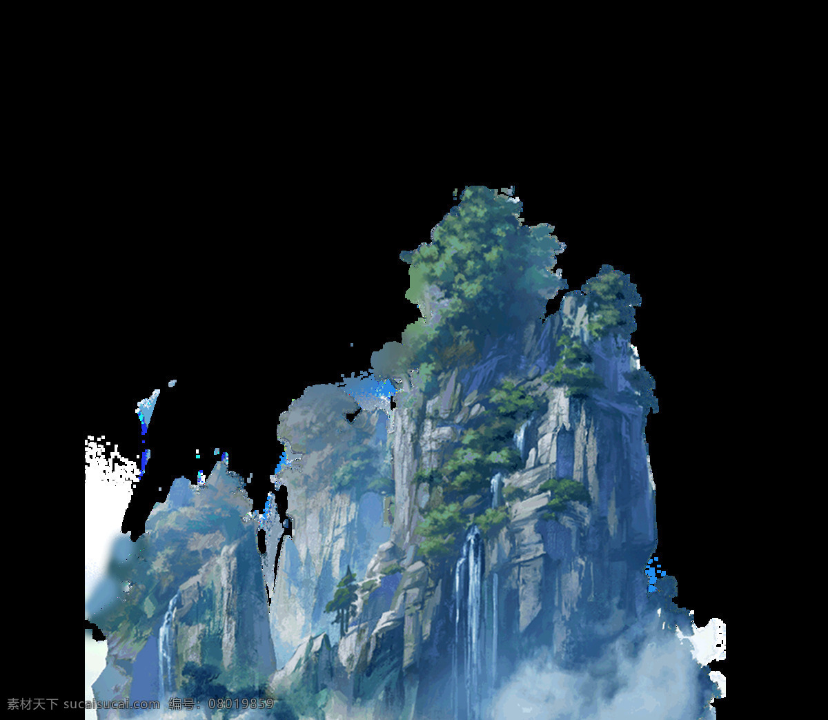 山峰 瀑布 丛 灌 元素 png元素 海报 免抠元素 山水 透明元素 游戏场景