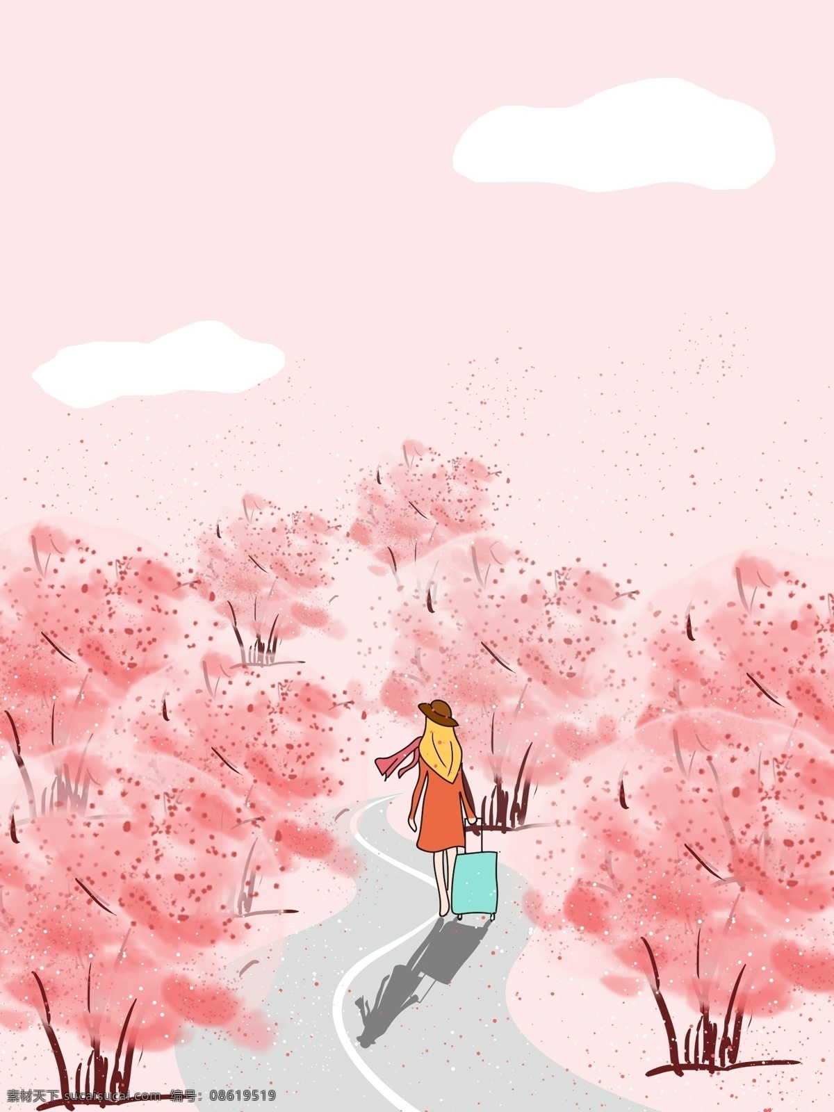 唯美 樱花 林中 拖 行李箱 女孩 背景 樱花园 旅游背景 粉色 樱花季 背景设计 手绘背景 背景展板图