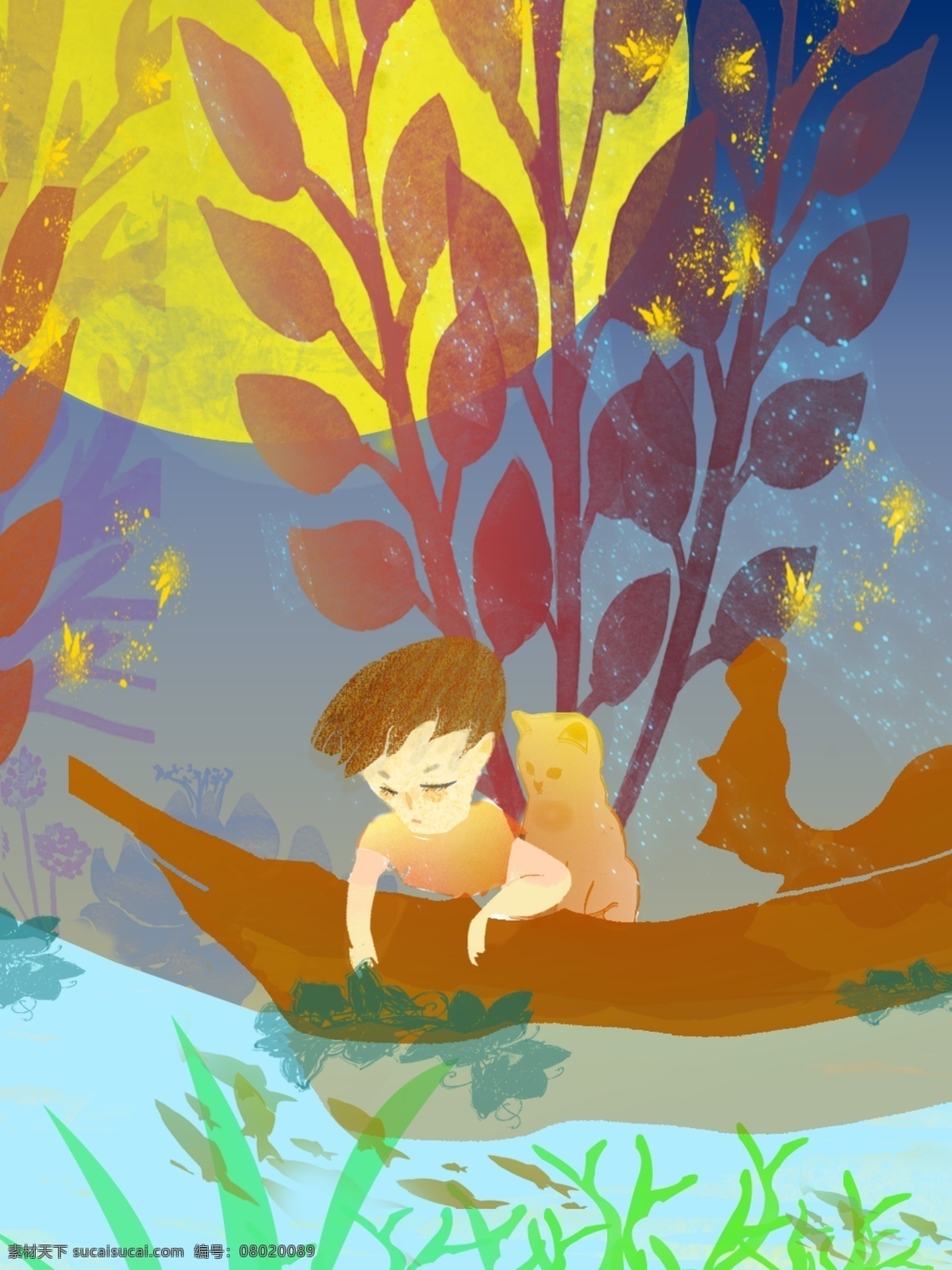 纯 原创 小 清新 秋叶 场景 小清新背景 月亮 船 猫 手绘风 场景风格 男孩