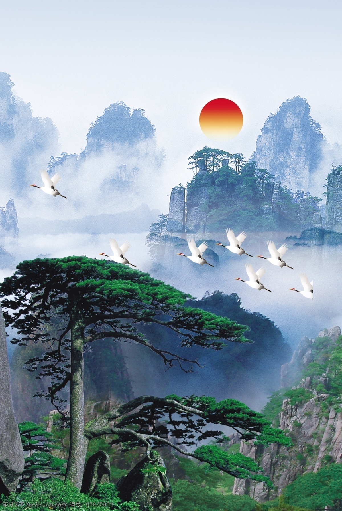松树 黄山迎客松 日出 太阳