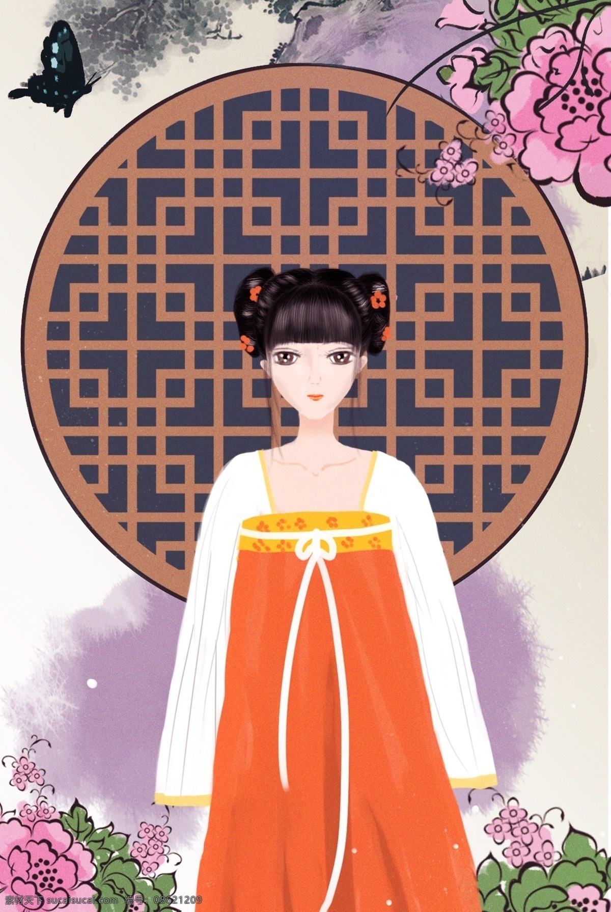 宫廷 中国 风 宫女 卡通 海报 清宫 中国风 文艺 清新 古式花窗 水墨 蝴蝶 花朵