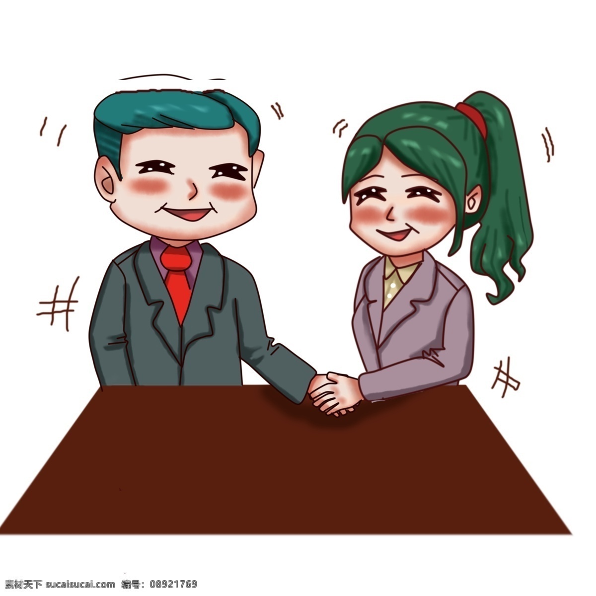 动漫 厚 商业 人 握手 插画 总裁 经理 西装 桌子上握手 正装 打领带 皮鞋 开心 合作 头发 油头 发胶 可爱 褐色 黑色