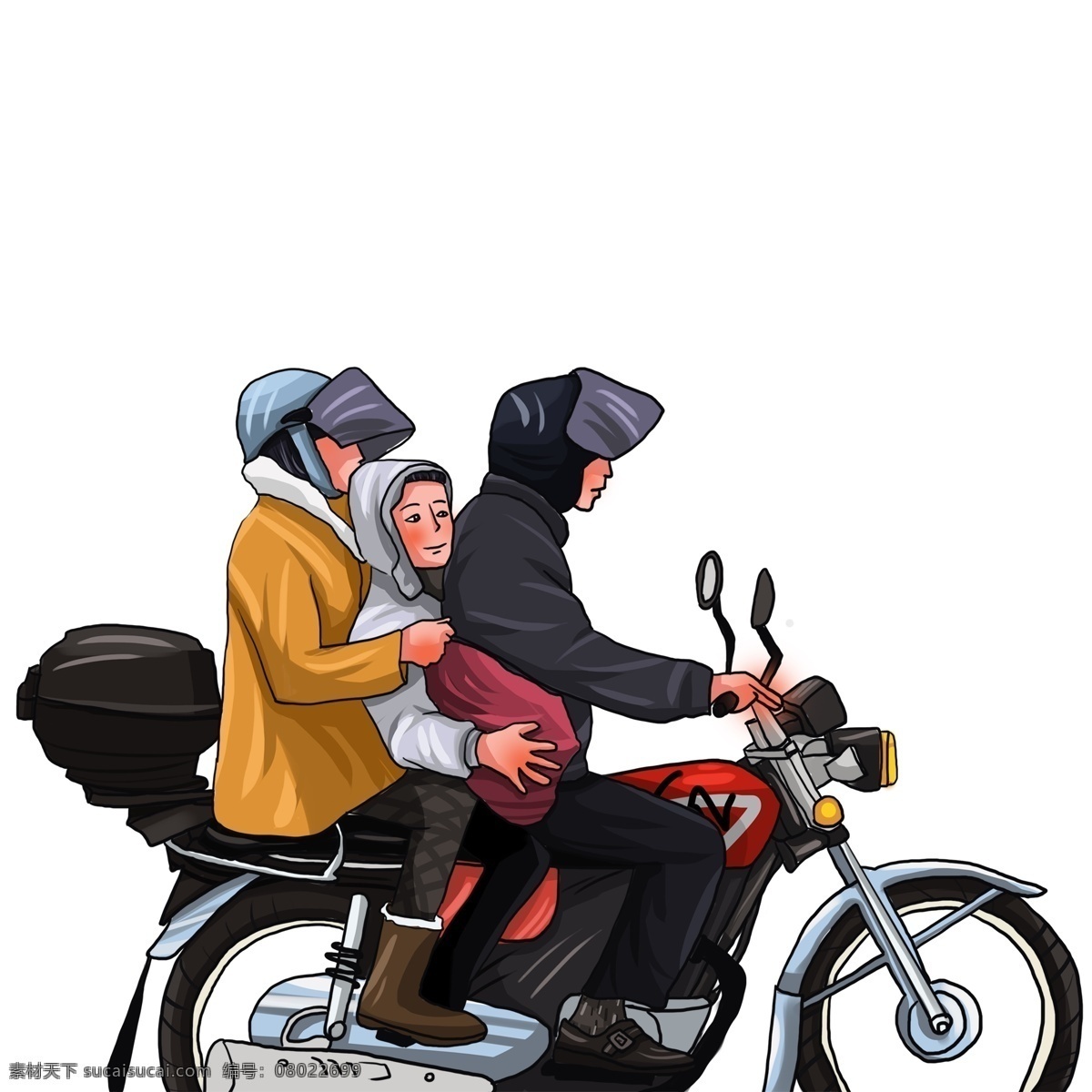 手绘 骑 摩托车 出行 一家人 插画 人物 一家三口