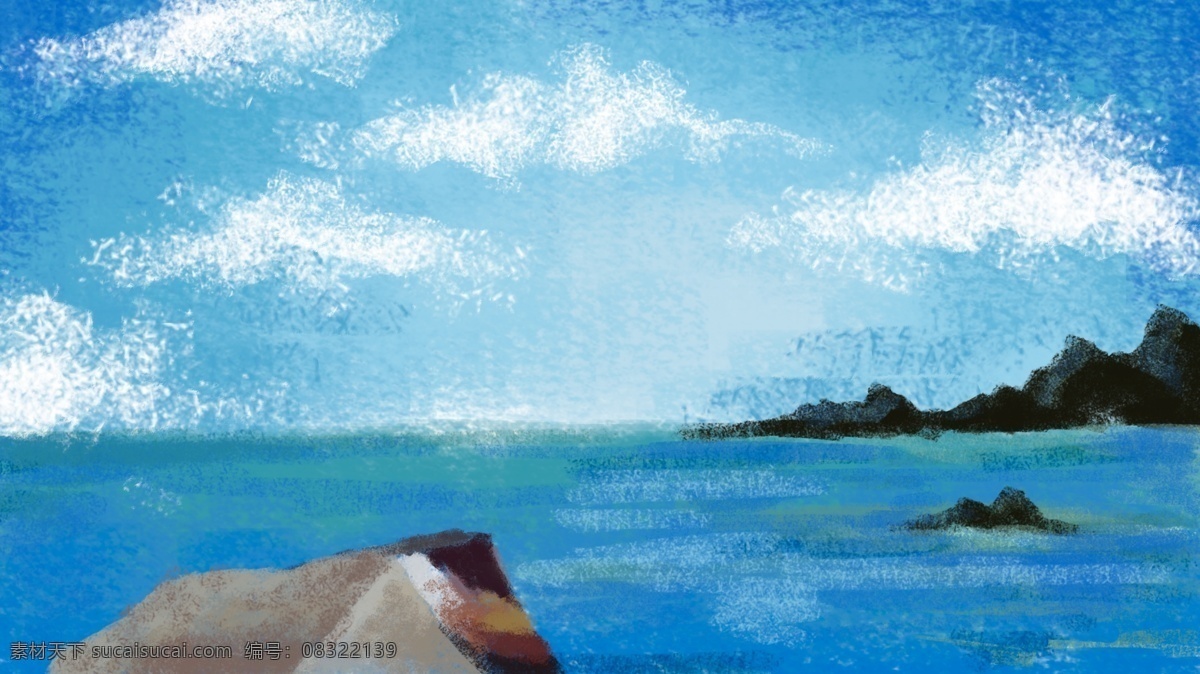 蓝天 白云 彩绘 背景 清新 蓝天白云 背景素材 卡通背景 手绘背景 水天一色 插画背景 广告背景 psd背景 背景展板