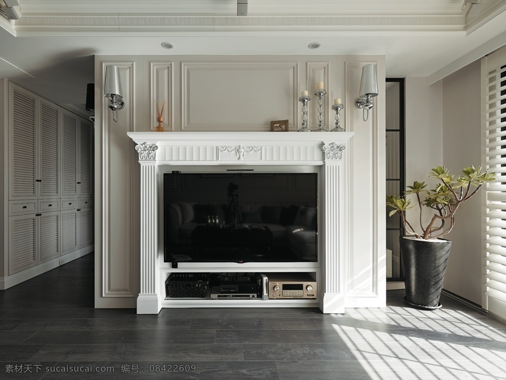 现代 客厅 深灰色 地板 室内装修 效果图 白色地板 客厅装修 黑色电视柜 深色花瓶