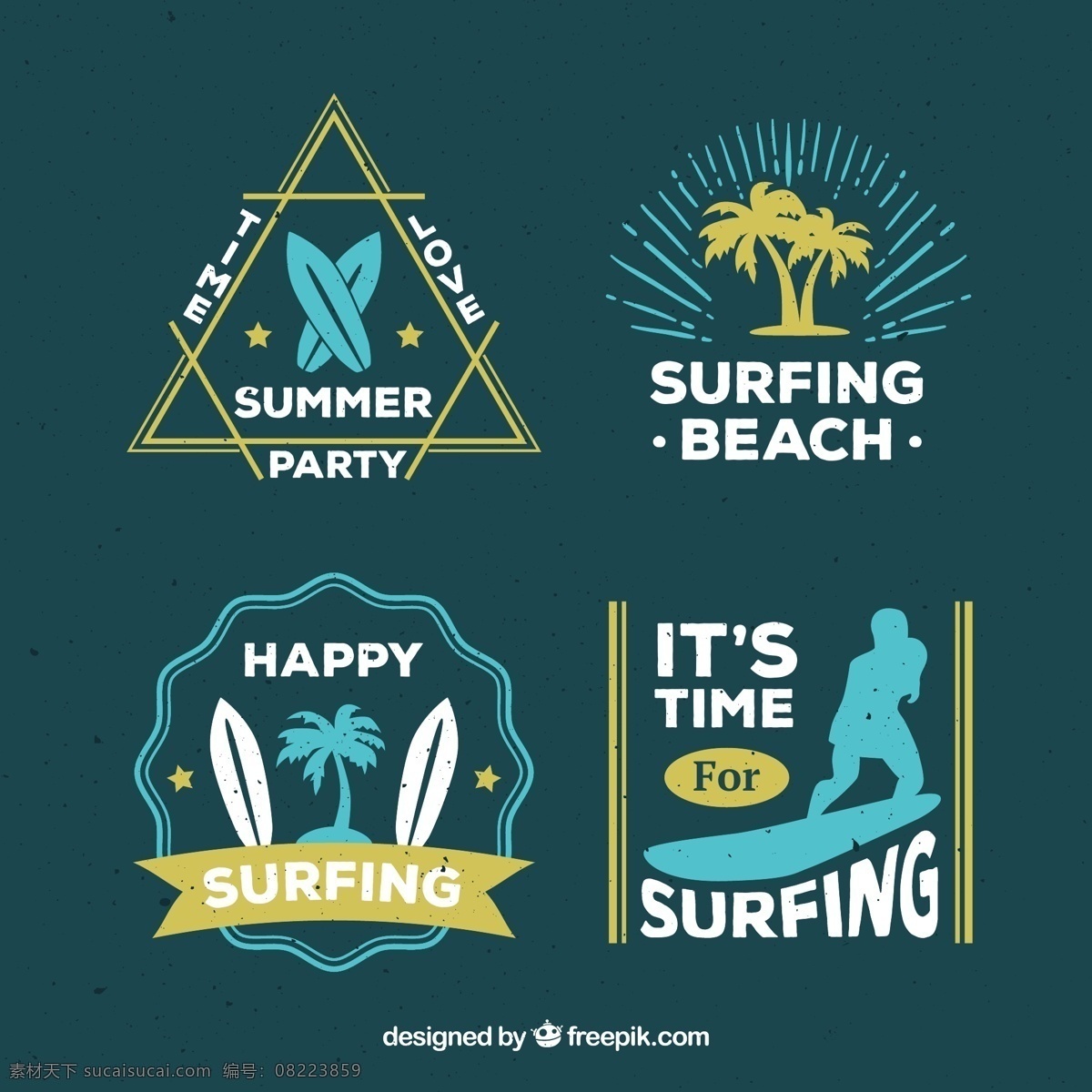 款 复古 夏季 冲浪 标志 矢量图 冲浪板 椰子树 男子 剪影 沙滩