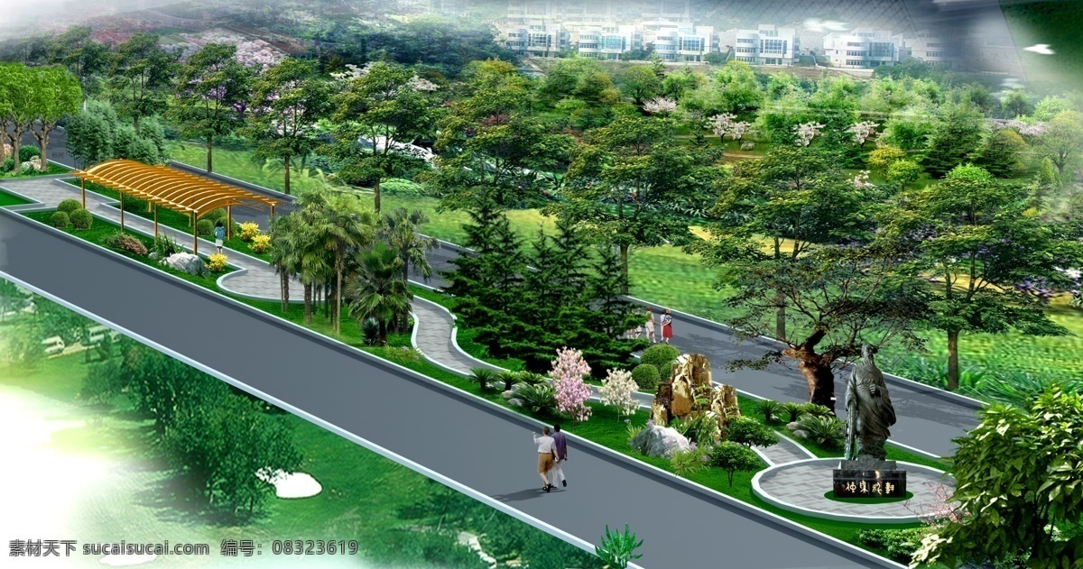 马路边 景观设计 马路 人物雕塑 假山 鲜花 草地 树木 房屋 建筑物 环境设计