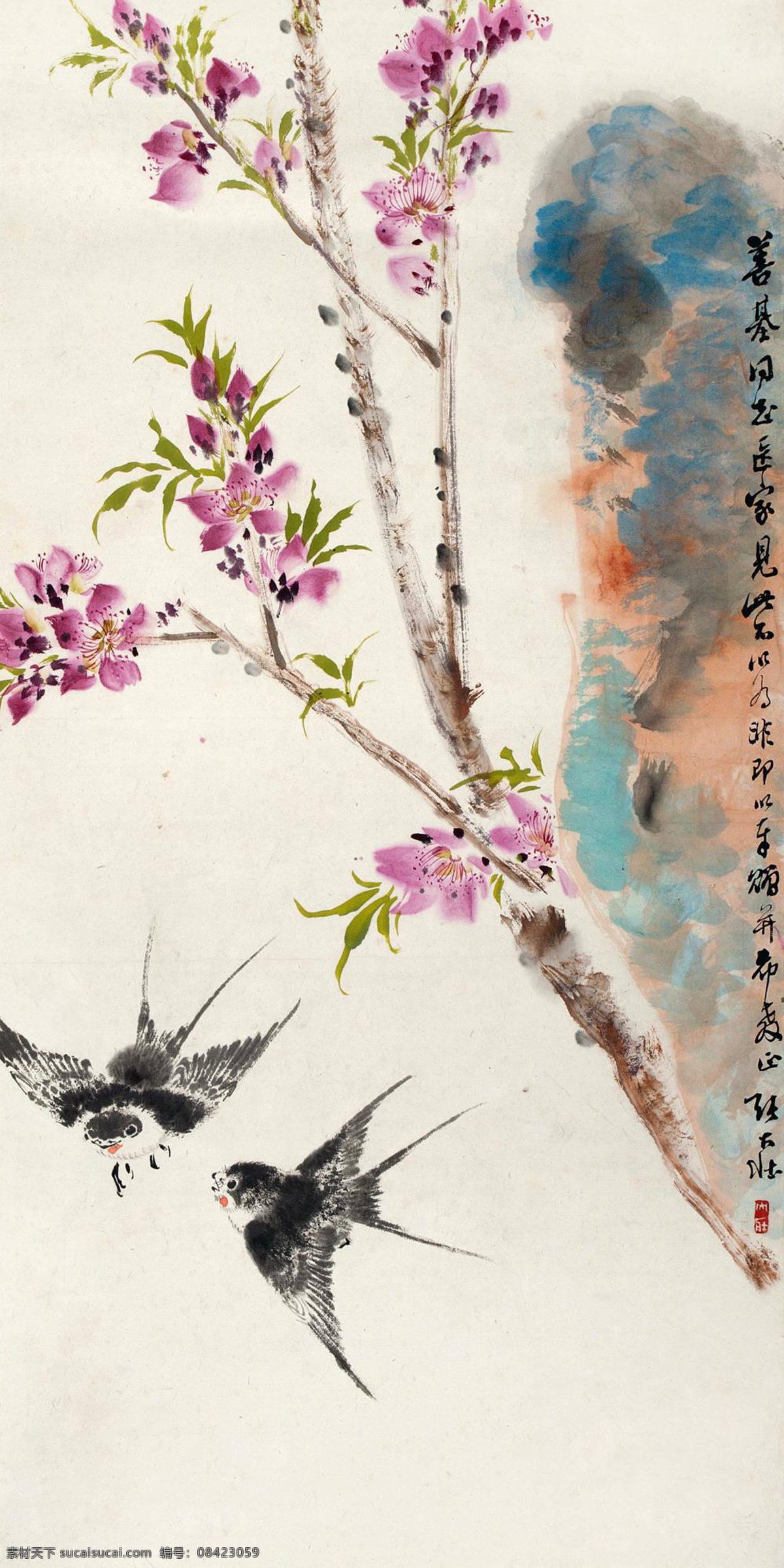 桃花双燕 国画 张大壮 桃花 双燕 燕子 花鸟 绘画书法 绘画艺术 国画花鸟01 文化艺术