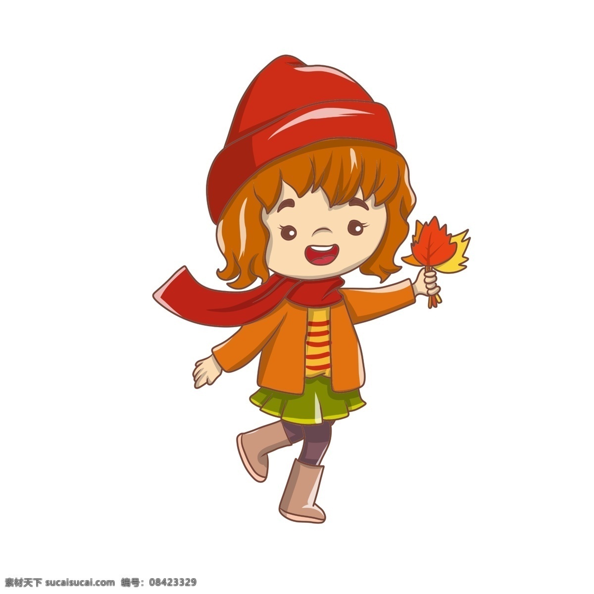 手绘 卡通 可爱 秋天 叶子 女孩 秋天女孩 围巾 带 帽子 手绘围巾 插画