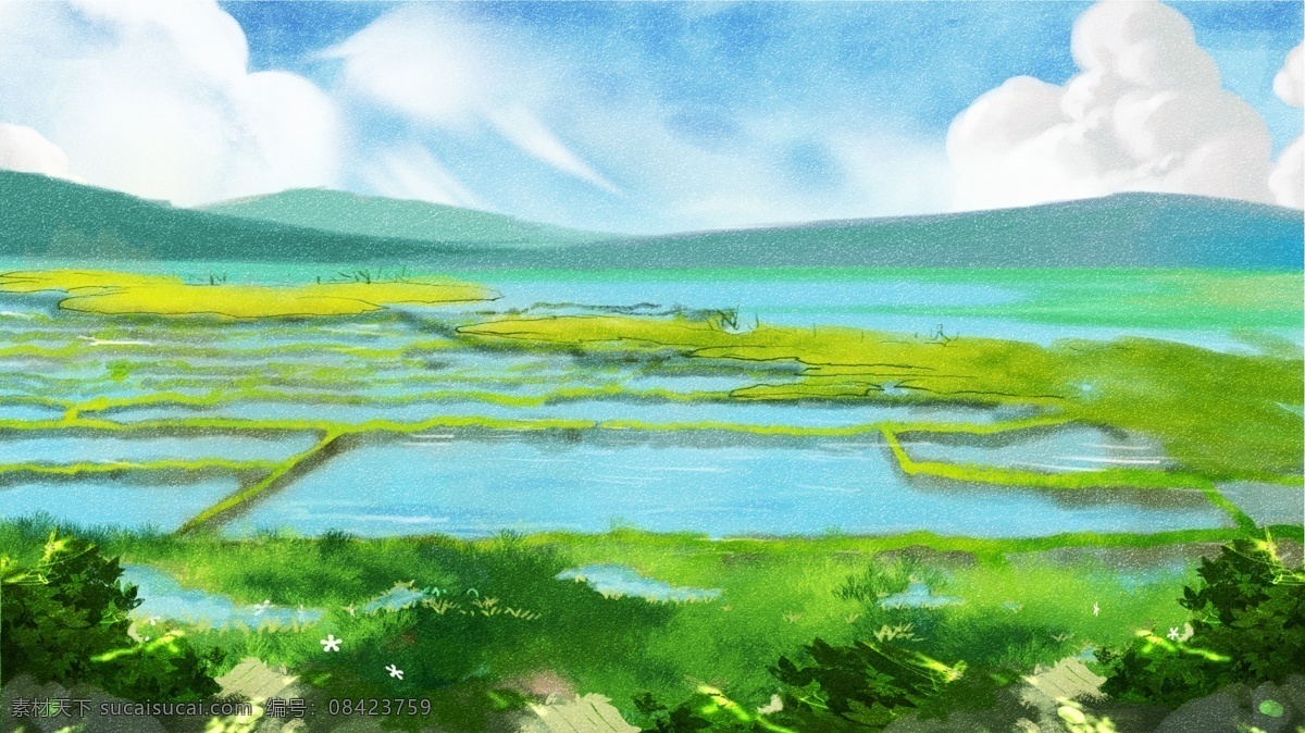 唯美 清新 山水风景 插画 背景 治愈系背景 插画背景 植物背景 绿地背景 蓝天白云 河边