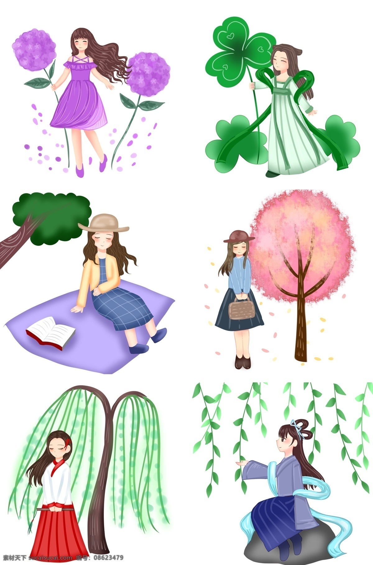 踏青 人物 合集 插画 漂亮的小女孩 红色的树木 紫色的小花 绿色的叶子 植物装饰