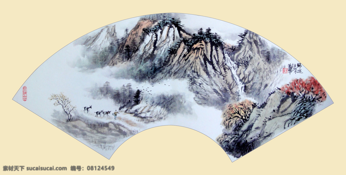 国画艺术 花木 绘画书法 美术 瀑布 山岭 水墨画 归途 中国画 扇画 山野 牧人 云雾 油画作品38 文化艺术