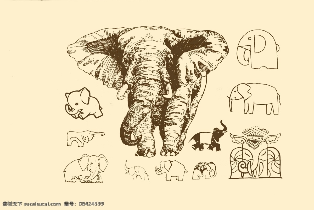 动物图案 大象 卡通 动物 纹样 图案 白描 简笔画 儿童画 象 分层 源文件