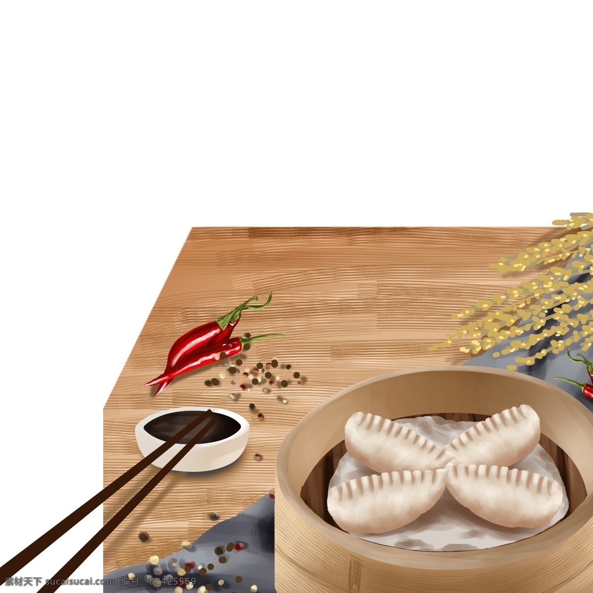 早餐 蒸饺 图案 元素 辣椒 小麦 筷子 蒸笼 小笼包 手绘 元素装饰 创意元素 手绘元素 psd元素 生物静物