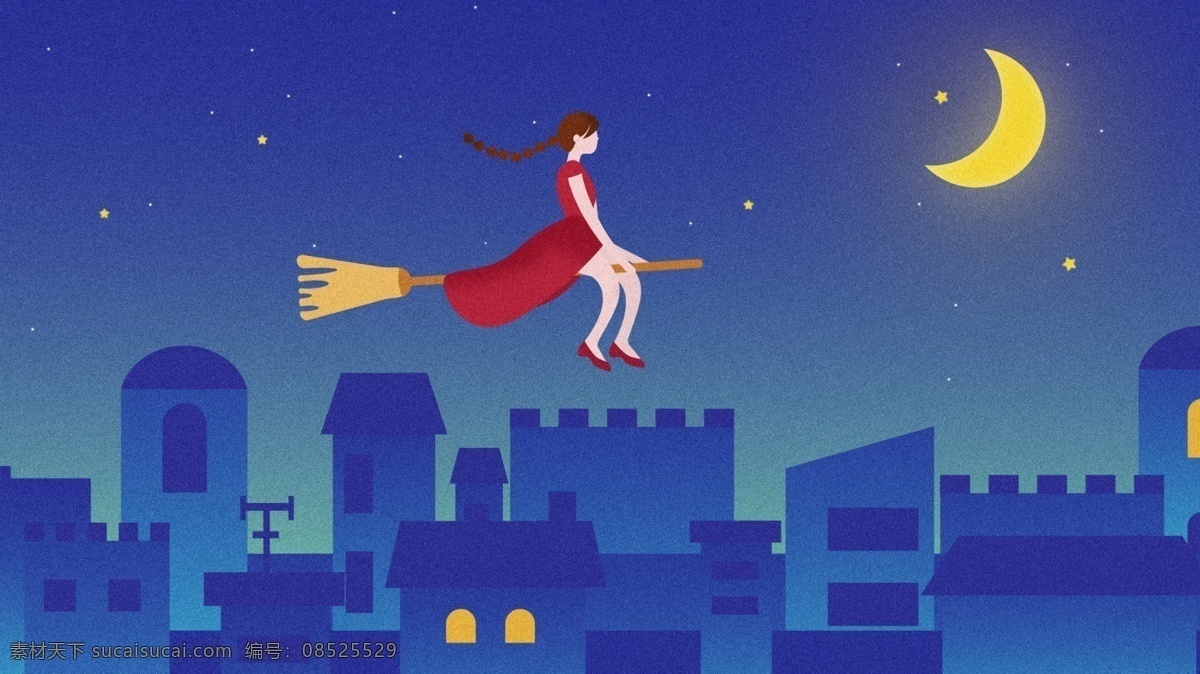 夜晚 星空 骑 扫帚 红 裙 女孩 城市 原创 插画 童话 梦幻 裙子 骑扫帚 奇幻 朋友圈配图 微博配图 海报 想像