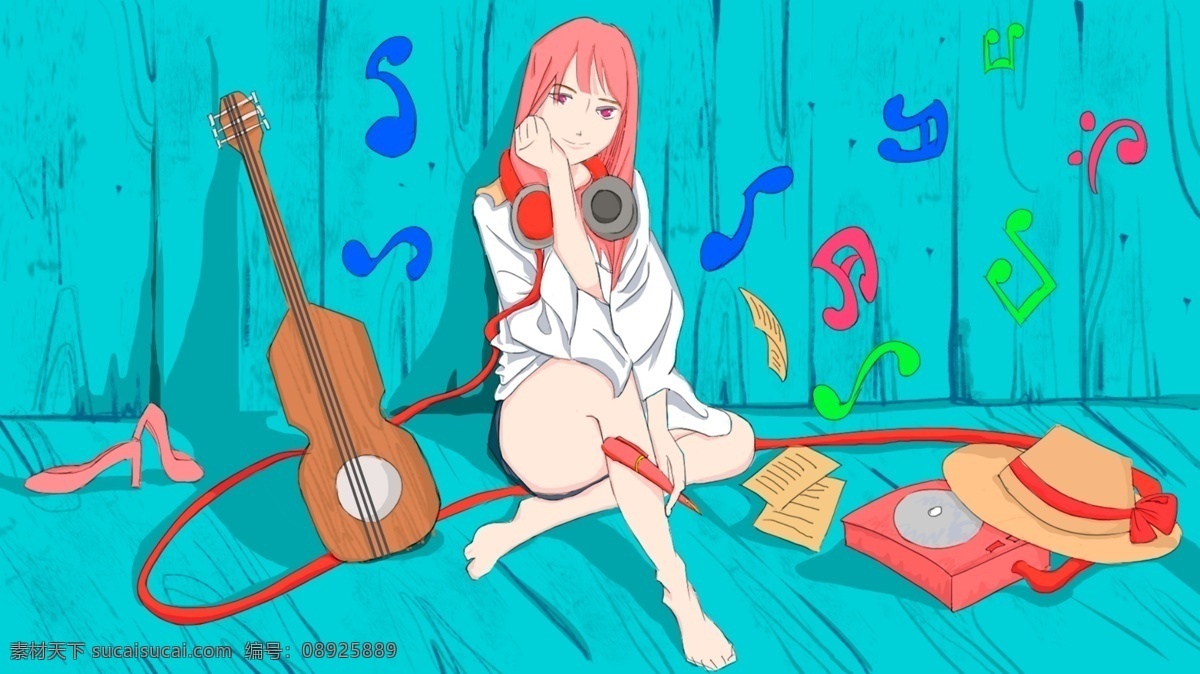 音乐节 女孩 街边 插画 音乐女孩 吉他 青春 活力 漫画风