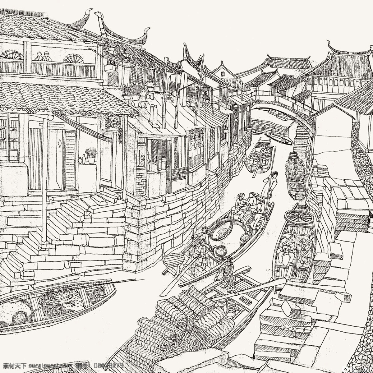 小镇 袁运甫 速写 江南 江南民居 水乡 小桥 乌篷船 人家 写生 彩画 绘画书法 文化艺术 速写袁运甫