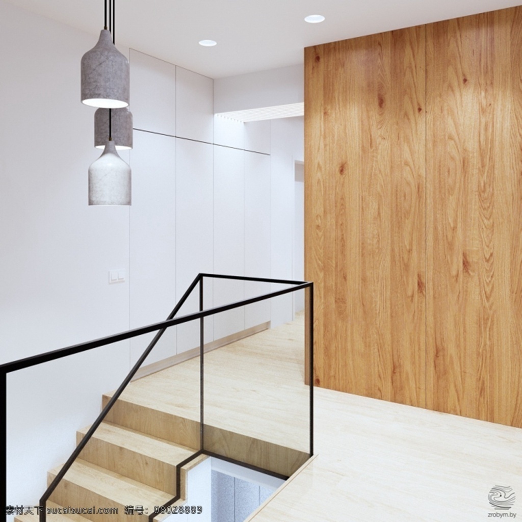 现代 深色 客厅 褐色 扶手 室内装修 效果图 玻璃扶手 木地板 木制背景墙