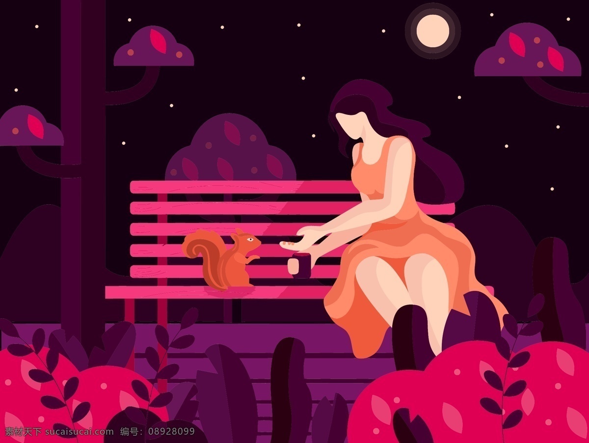 晚安 你好 矢量 插画 动物 松鼠 红色 夜间 治愈