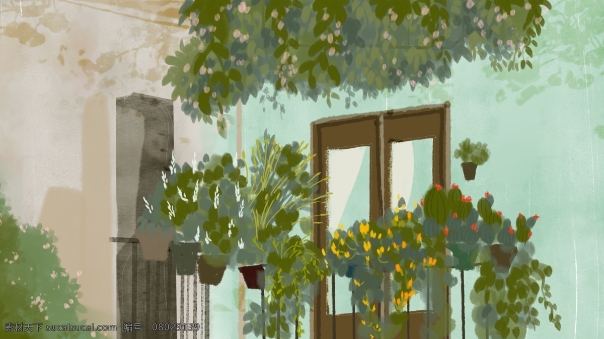 清新 油画 花园 小屋 广告 背景 广告背景 花草 房屋 家居 手绘