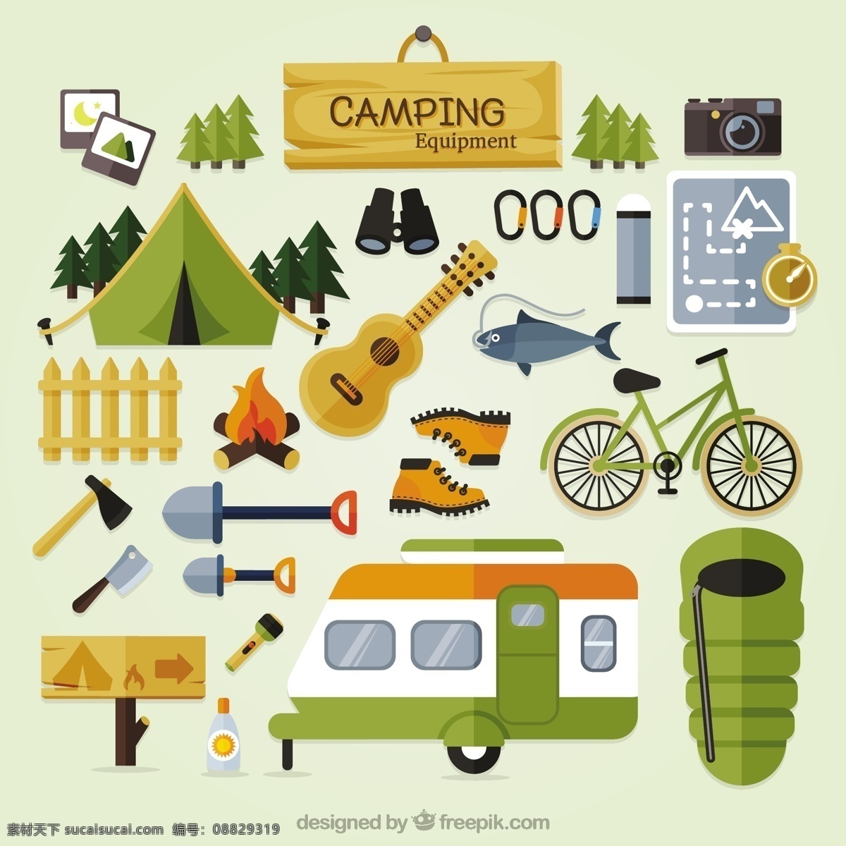 平面设计 中 可爱 露营 设备 相机 地图 鱼 自然 山区 自行车 吉他 平坦 森林 体育 标志 徽章 山 营地 探险 白色