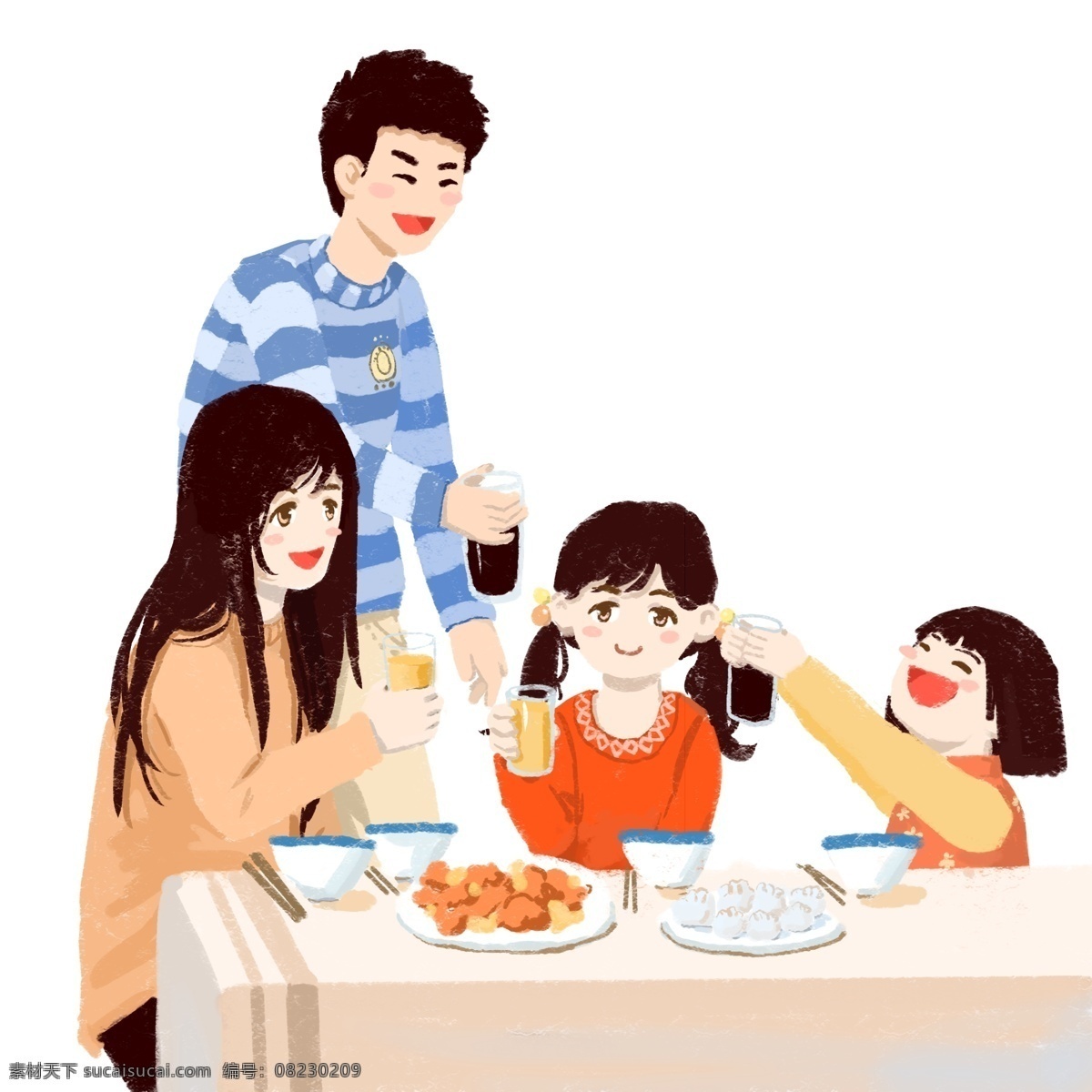 节日 里 家人 一起 吃饭 卡通 手绘 爸爸 妈妈 姐姐 妹妹 饺子 火鸡 米饭 饭碗 桌子 庆祝 喝彩 开心 感恩节 蓝色 橘色