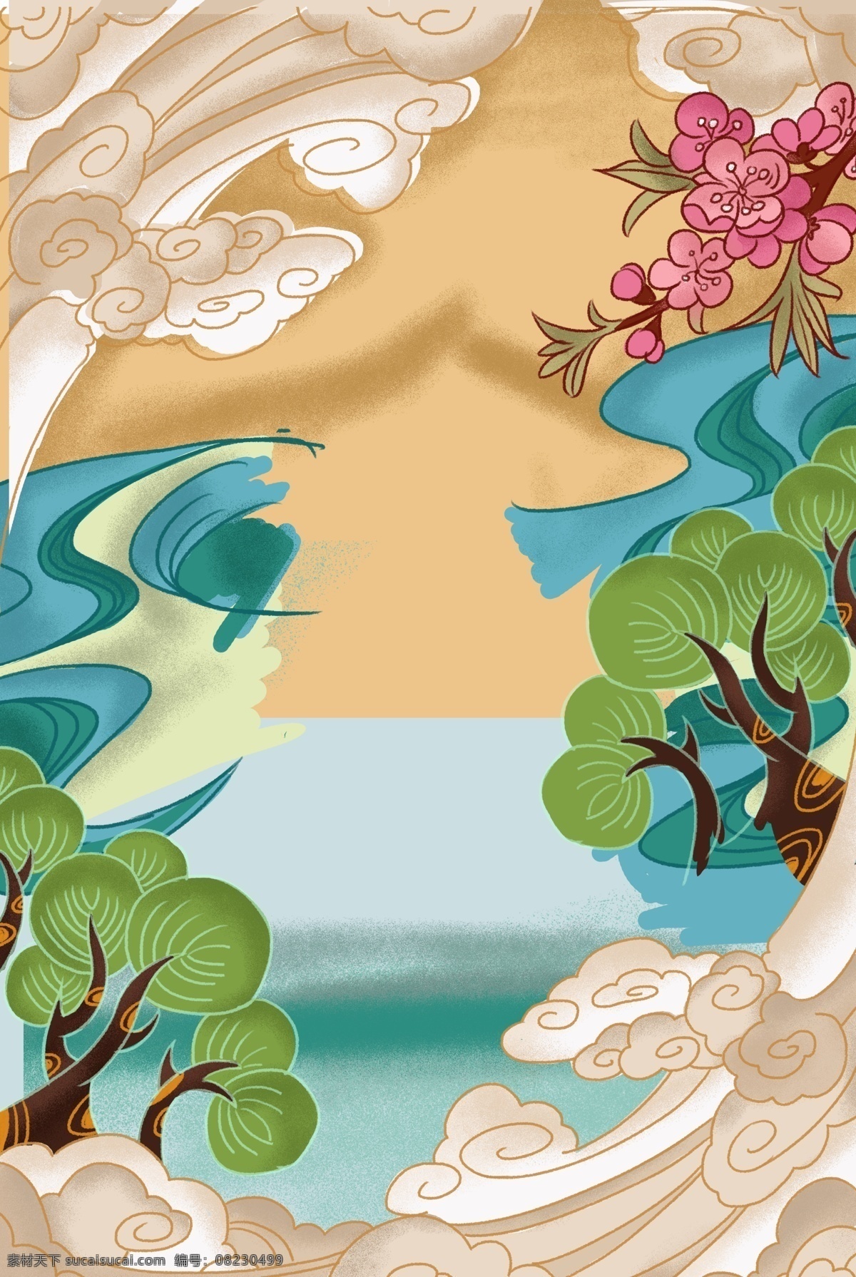 中国 风 吉祥 神话 背景 祥云 神话背景 插画背景 色彩绚丽 中国风 古风 梅花 树木
