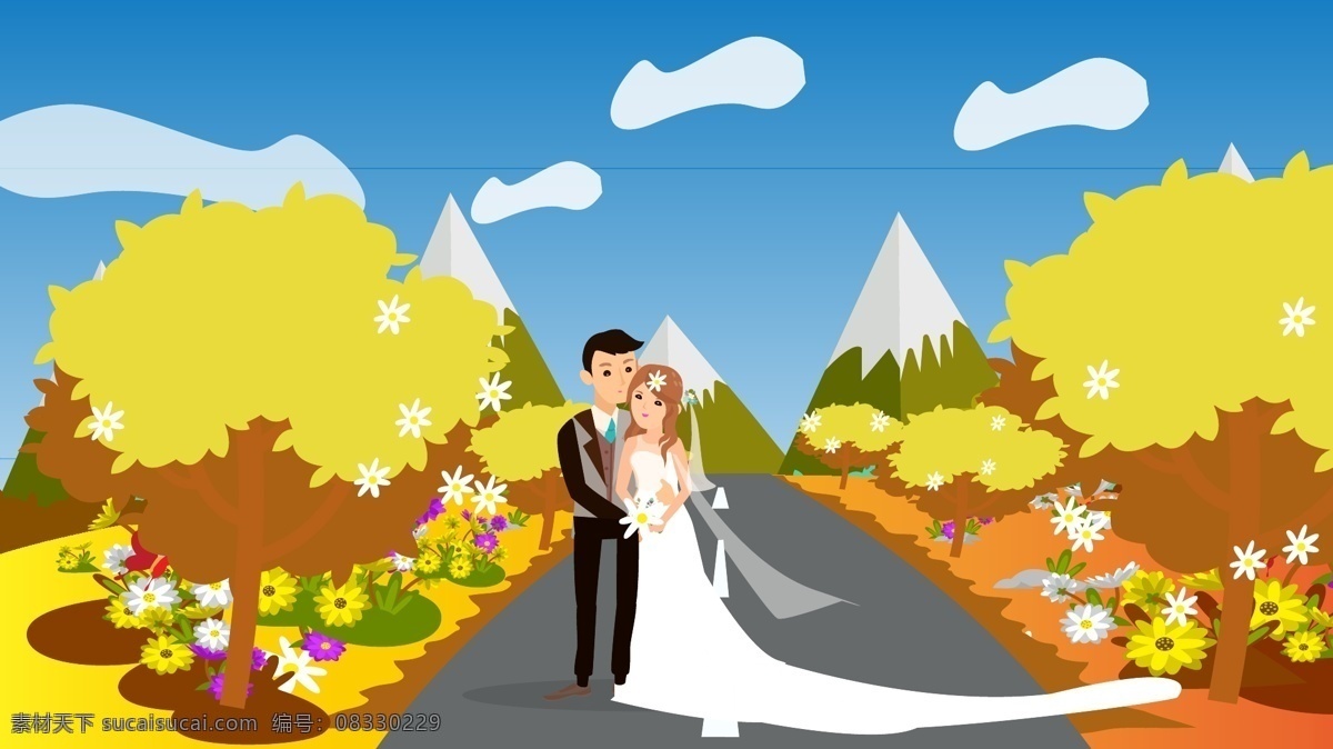 秋景 婚礼 人物 场景 扁平 风格 插画 喜庆 婚纱 新郎 新娘 扁平风格