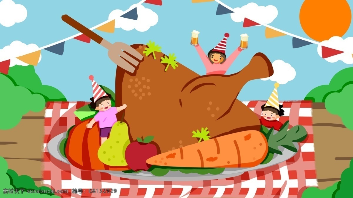 感恩节 野外 火鸡 聚会 插画 野餐