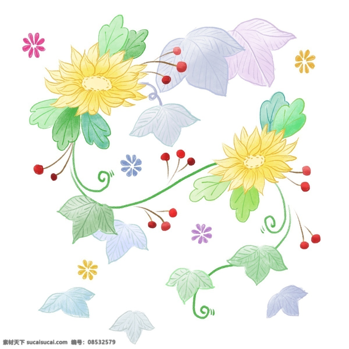 手绘 小 清新 黄色 花纹 花卉 叶子 小清新 果子 装饰 生活 高清 花朵 花 树叶 绿色