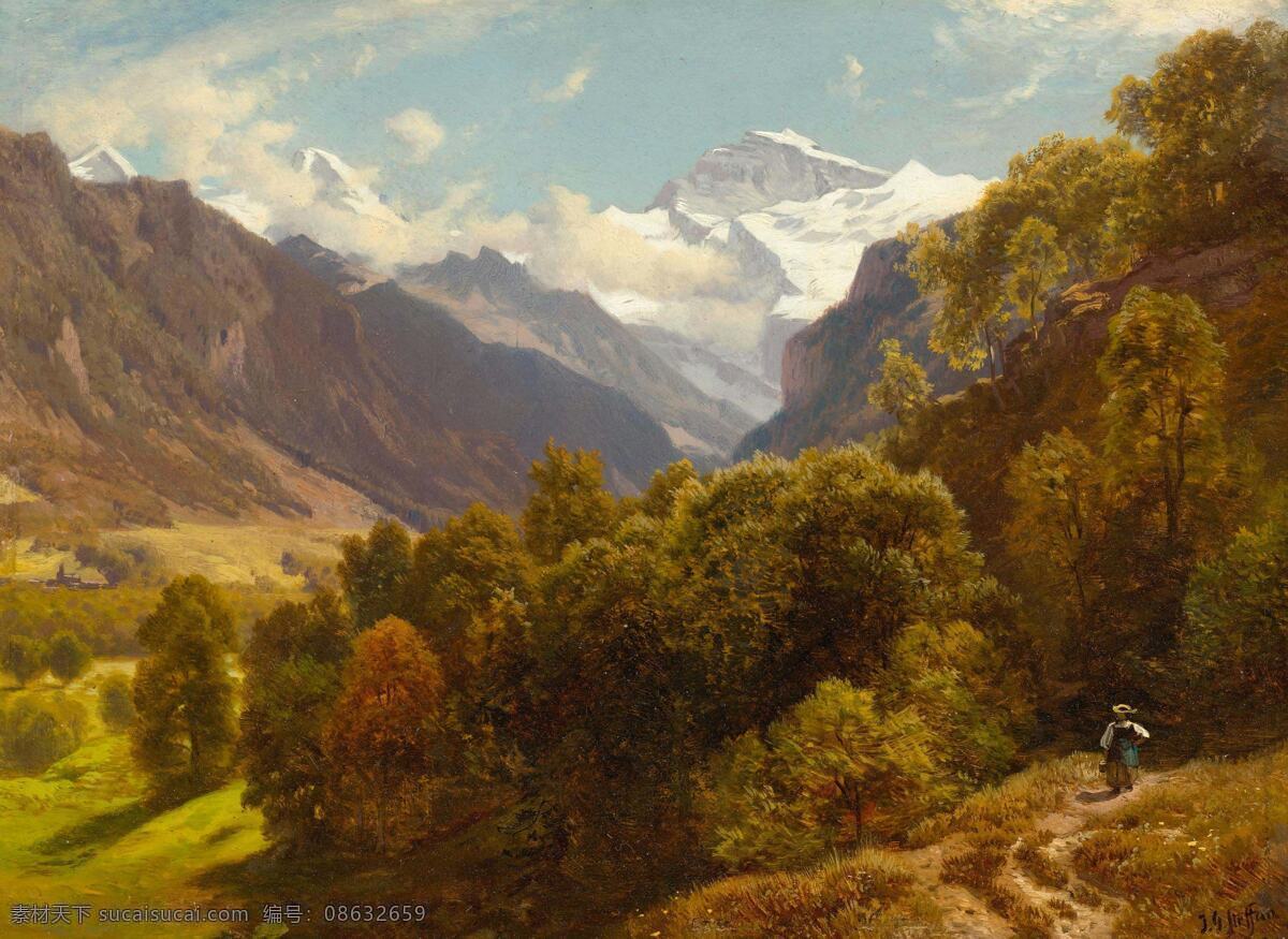 山谷 树木 艳阳高照 一年轻女子 山间小路 回归 19世纪油画 油画 文化艺术 绘画书法