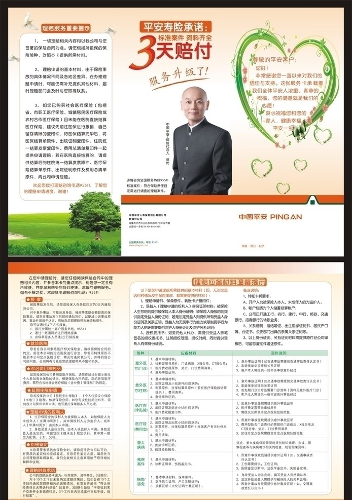 平安 保险理赔 三 折页 中国平安保险 3天赔付 数草地 绿色心形边框 合 险 理赔 知识 其他设计 矢量