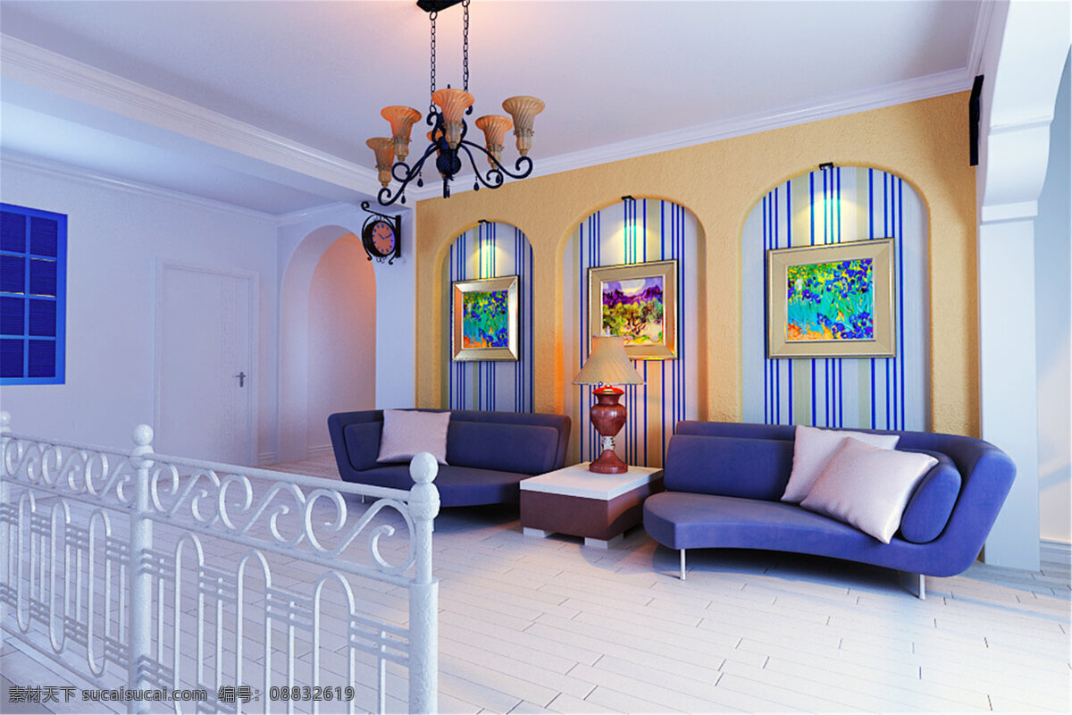 巴郎 田园 乡村 地中海 客厅 模型 灯具模型 家居家具 沙发茶几 时尚客厅 室内设计 客厅模型 蓝色