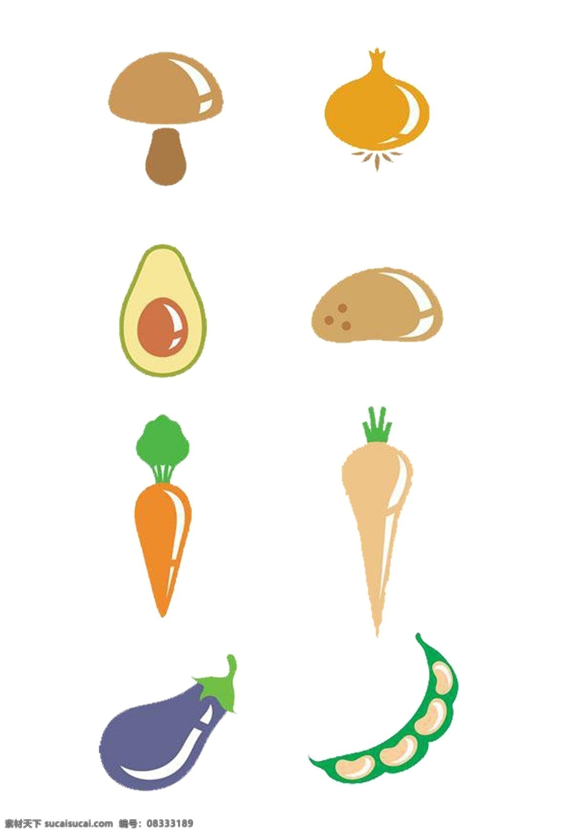 蔬菜 卡通 图标素材 图标 茄子 豆角 蘑菇 蒜 鸡蛋 土豆 胡萝卜 萝卜 简单 填充 可分开使用