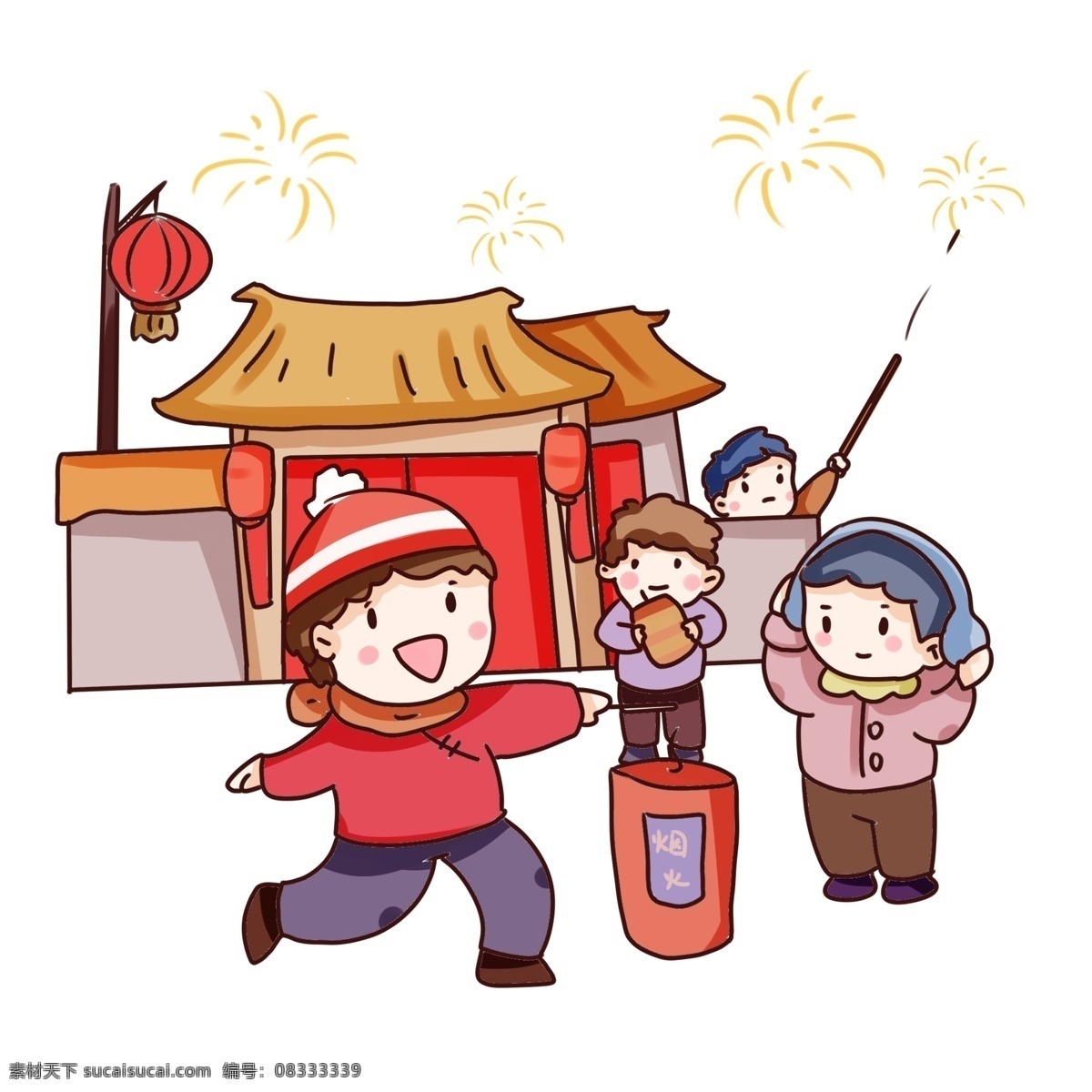 手绘 卡通 2019 猪年 新年 手绘卡通 2019猪年 装饰图案 手绘q版 放烟花 放鞭炮 过节 过新年 红色 小孩子