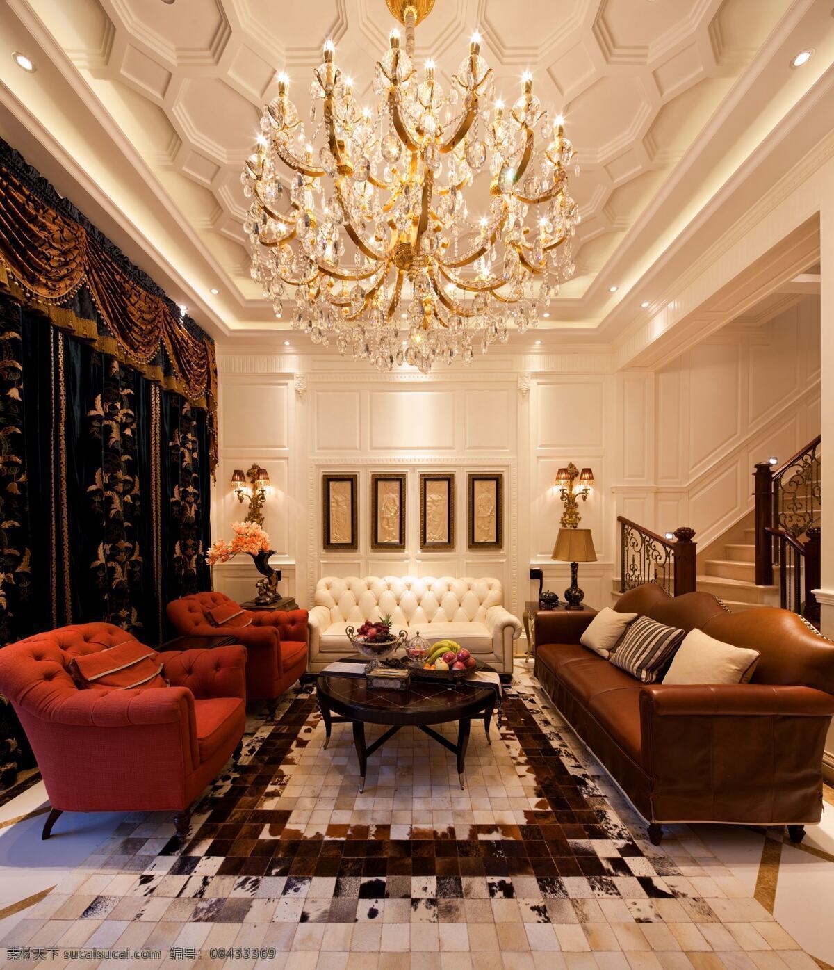 别墅 室内 客厅 欧式 奢华 装修 效果图 大空间 褐色皮艺沙发 红色座椅 奢华窗帘 豪华水晶灯