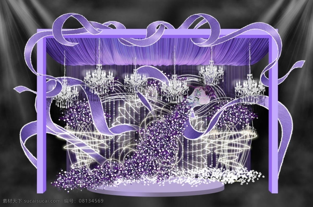 紫色 浪漫婚礼 迎宾 区 效果图 紫色婚礼 婚礼迎宾区 浪漫 唯美 飘带 瀑布花 发光造型 水晶灯 飘蓬 圆台 曲线造型