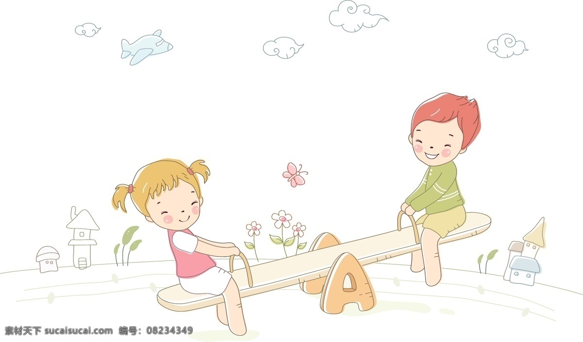玩 翘翘板 孩子 卡通 漫画 手绘 矢量图 矢量人物