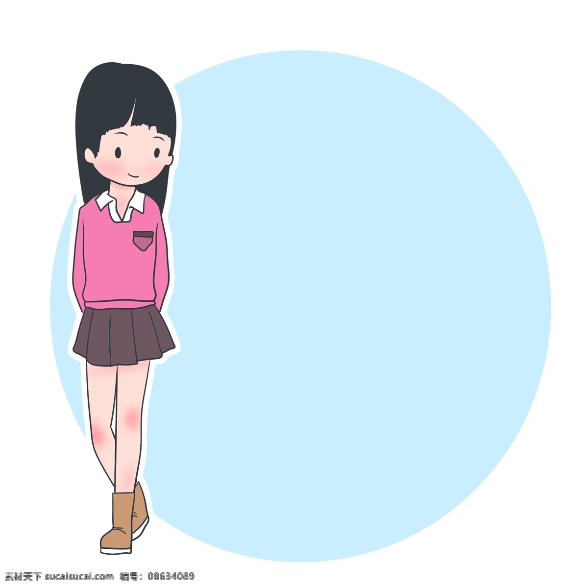 粉色 衣服 女孩 边框 小女孩 装饰 粉色衣服女孩 蓝色圆形边框 小学生边框 卡通小人 披头发女孩