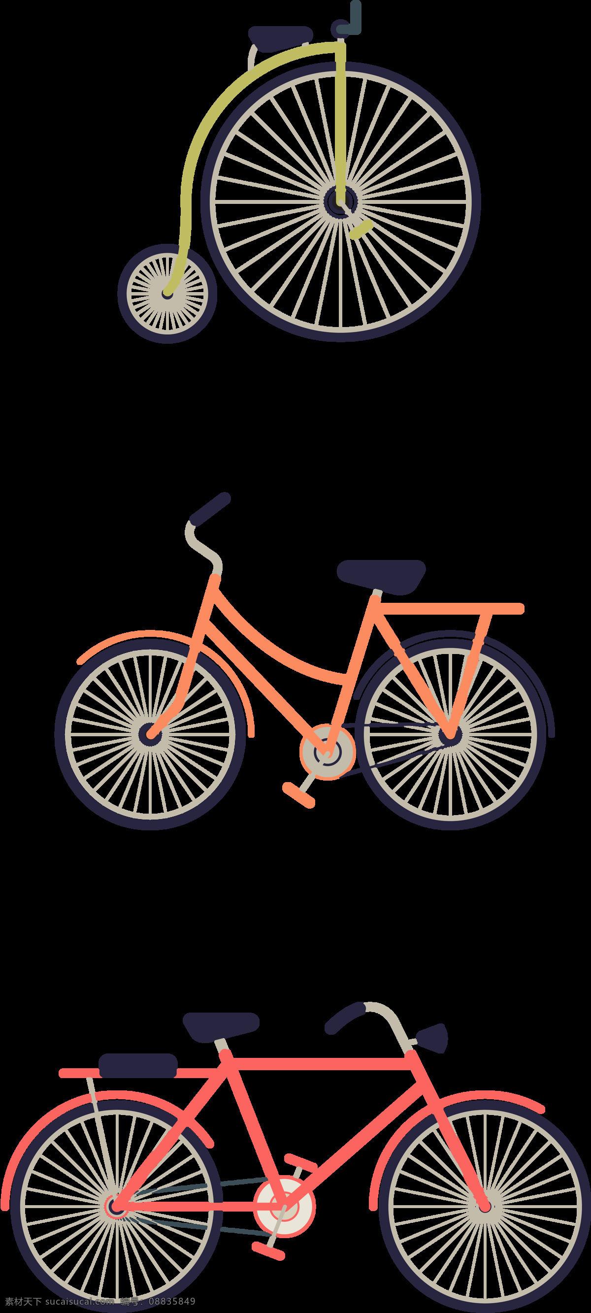手绘 三 种 自行车 插画 抠 透明 图 层 共享单车 女式单车 男式单车 电动车 绿色低碳 绿色环保 环保电动车 健身单车 摩拜 ofo单车 小蓝单车 双人单车 多人单车