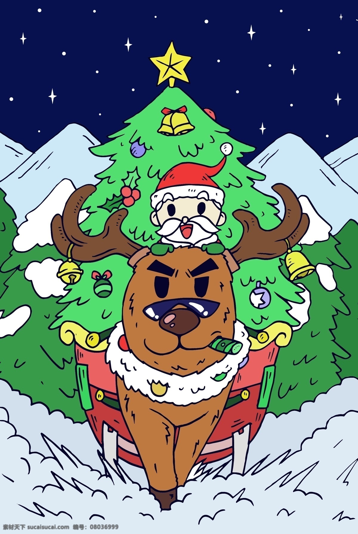 圣诞节 圣诞树 雪橇 铃铛 驯鹿 彩带 星空 圣诞老人 眼镜 雪地 雪茄 行驶 前进 愉快