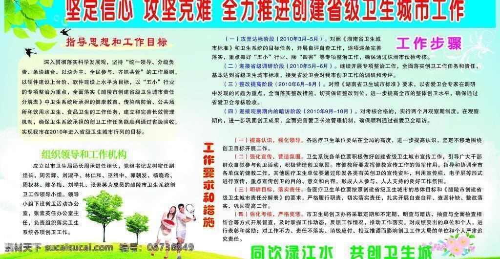 草地背景 创建卫生城市 运动 展板模板 创造 省级 卫生 城市 宣传栏 矢量 模板下载 工作目标 组织领导 实施步骤 矢量图 建筑家居