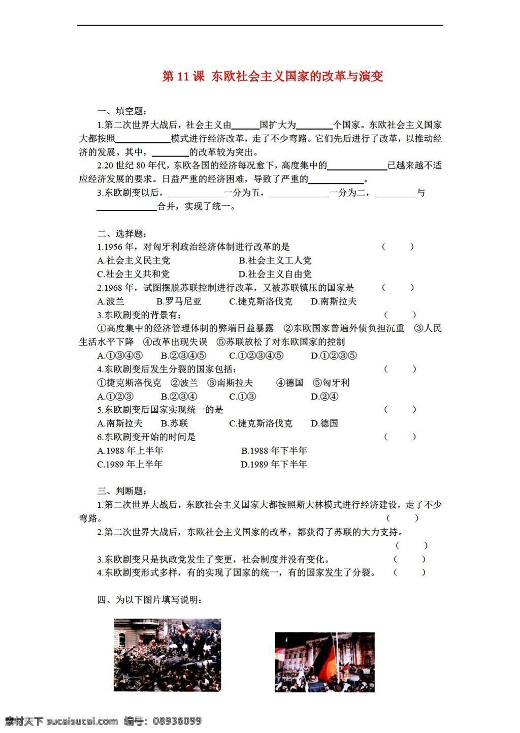 九 年级 下册 历史 课 东欧 社会主义 国家 改革 演变 人教版 九年级下册 试题试卷