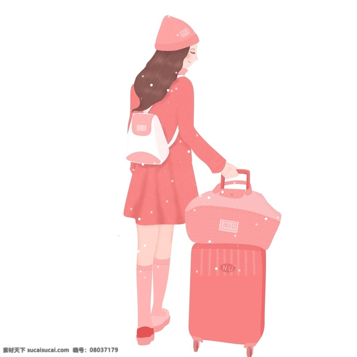 卡通 小 清新 拉 行李 回家 女孩 人物 插画 粉色 女生