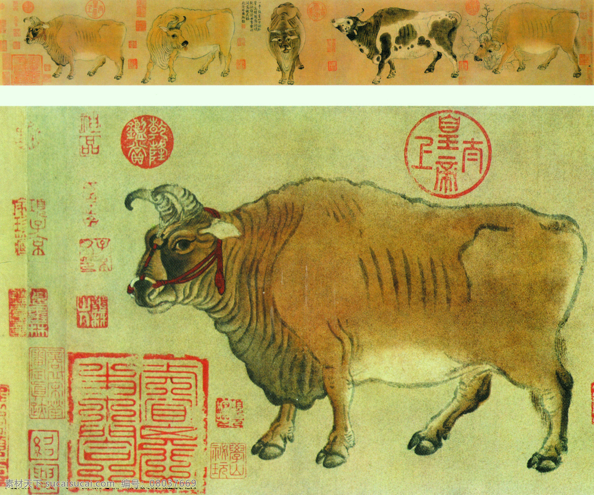背景 动物 公牛 绘画书法 设计图库 书法 文化艺术 五牛图 五牛 图 设计素材 模板下载 中国工笔画 印章 装饰素材 雕刻 图案