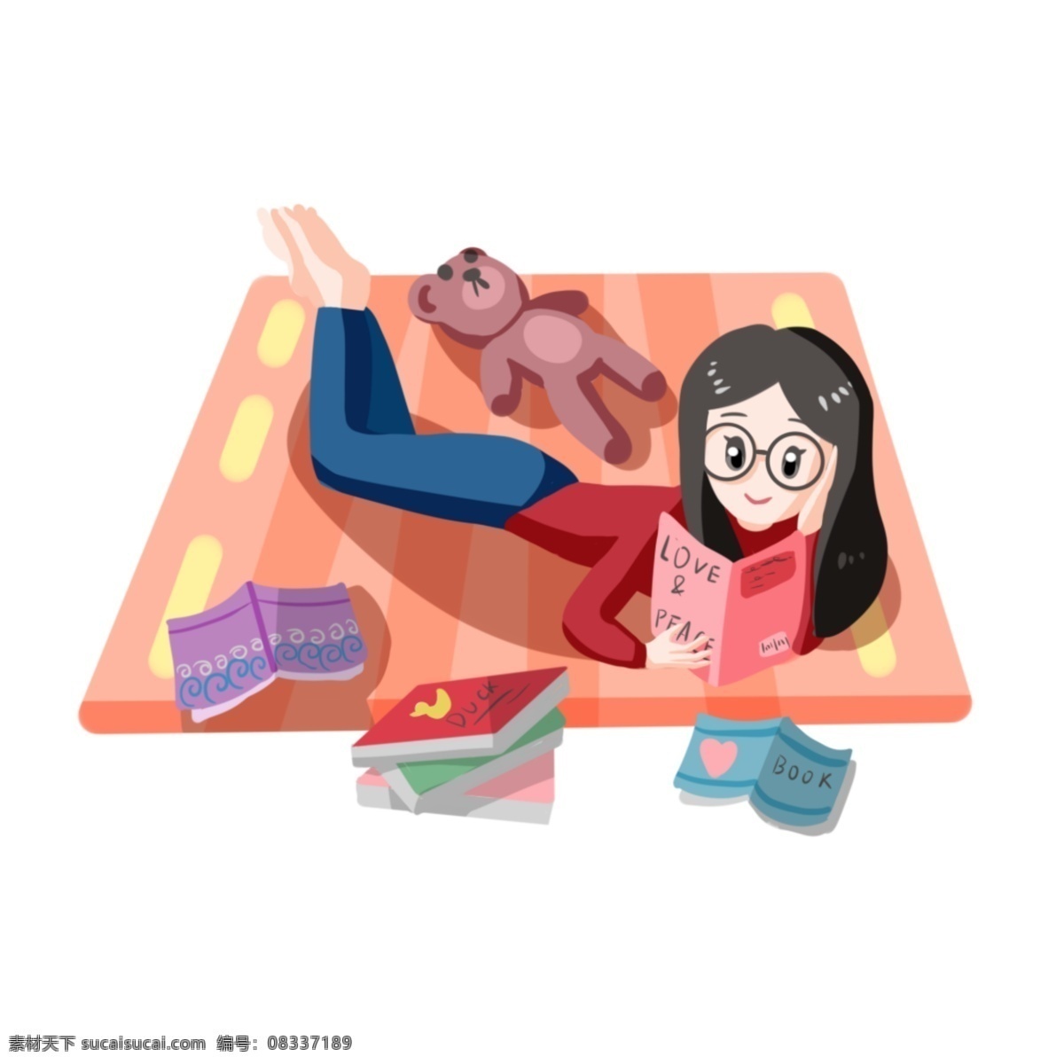手绘 宅 女 看书 插画 看书的女孩 卡通插画 知识的书籍 手绘宅女插画 宅在家的女孩 棕色的小熊