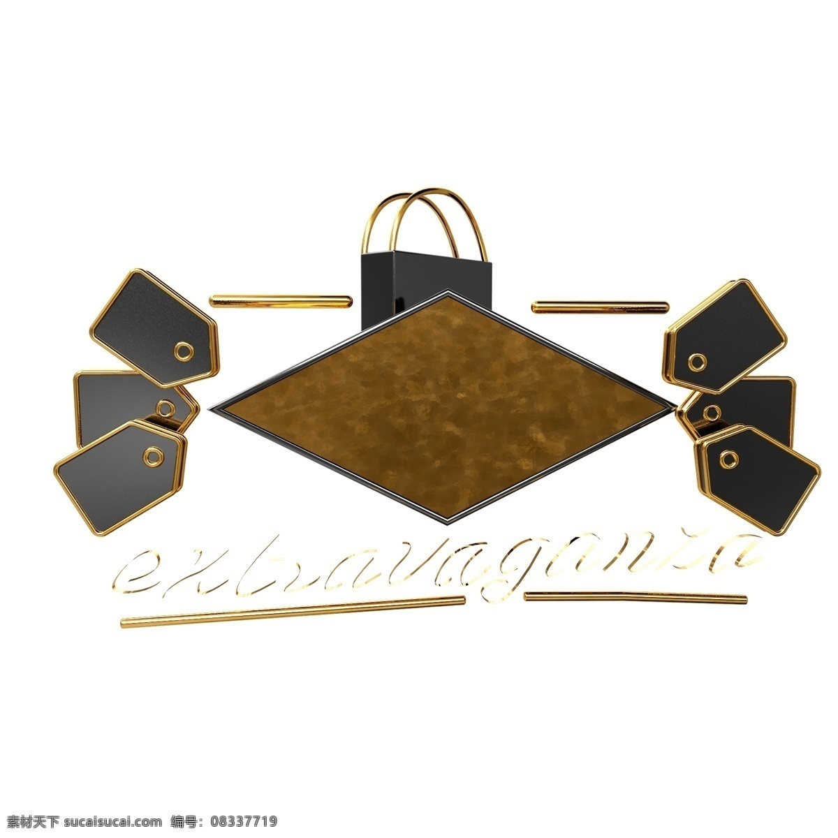 c4d 黑金 边框 背景 装饰 标签 几何 黄金 金色 黑色 金属 立体 购物袋 四边形 电商 促销 活动 源文件 模型