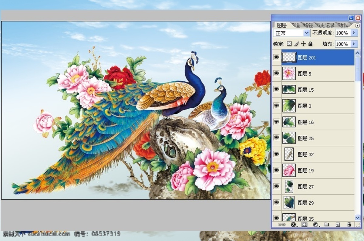 孔雀 花 牡丹 云 蓝天 分层