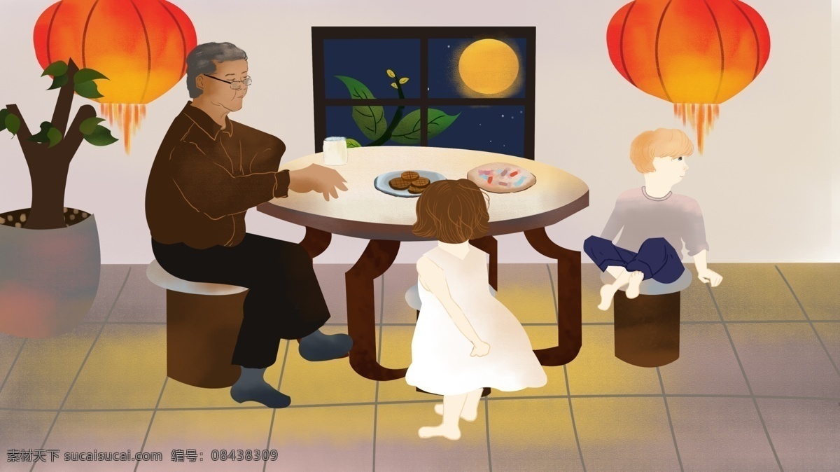 传统节日 中秋节 插画 中秋 团圆 月亮 月饼 美满 幸福 老年生活 孩童