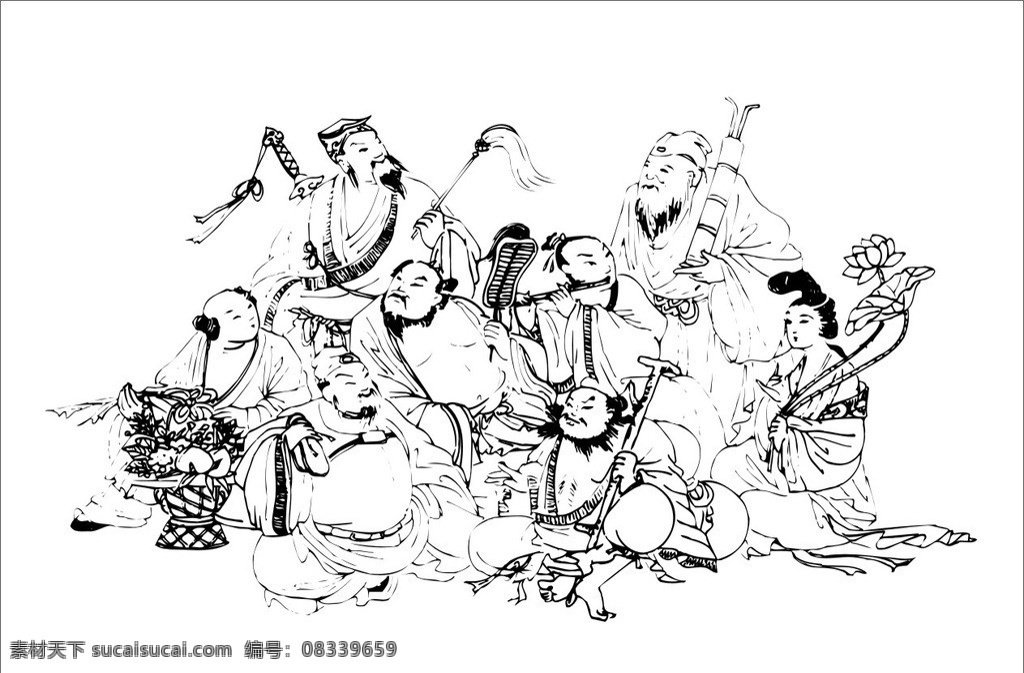 八仙过海 古代传说八仙 矢量图 吕洞宾 八仙聚集 宗教信仰 文化艺术 矢量